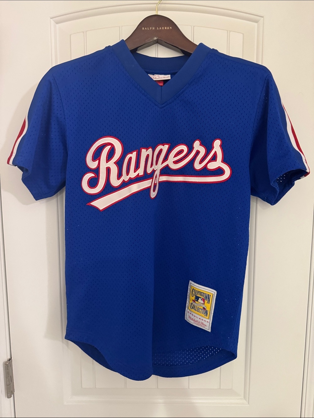 Mitchell & Ness Rangers Blue Script Baseball Jersey with Red & White Trim
